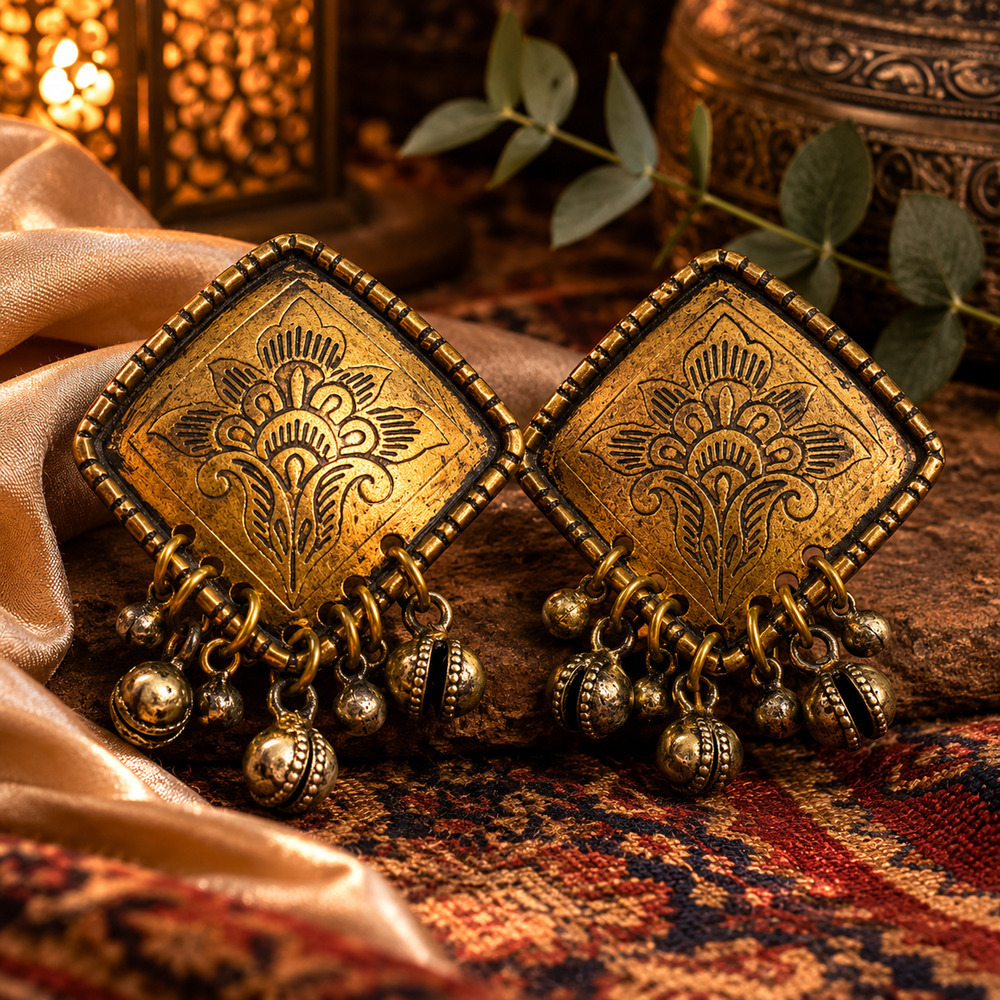 Vintage 1980's Brass Etched Jhumka Dangle Bell Earrings Tribal Festival Indian
